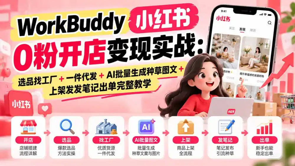 WorkBuddy小红书0粉开店变现实战：选品找工厂+一件代发+AI批量生成种草图文+上架发发笔记出单完整教学