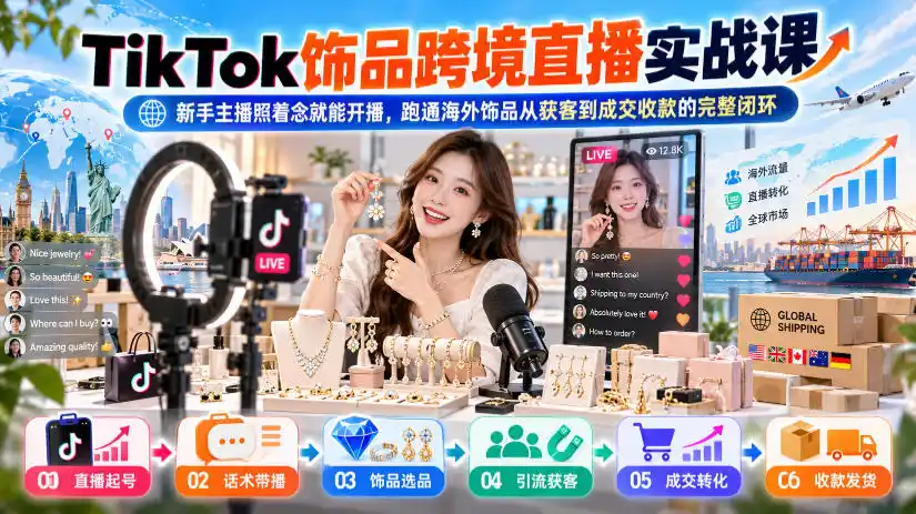 TikTok饰品跨境直播实战课,新手主播照着念就能开播,跑通海外饰品从获客到成交收款的完整闭环