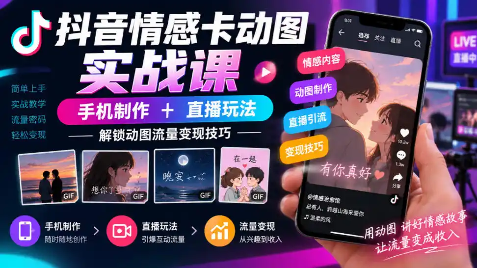 抖音情感卡动图实战课｜手机制作+直播玩法，解锁动图流量变现技巧