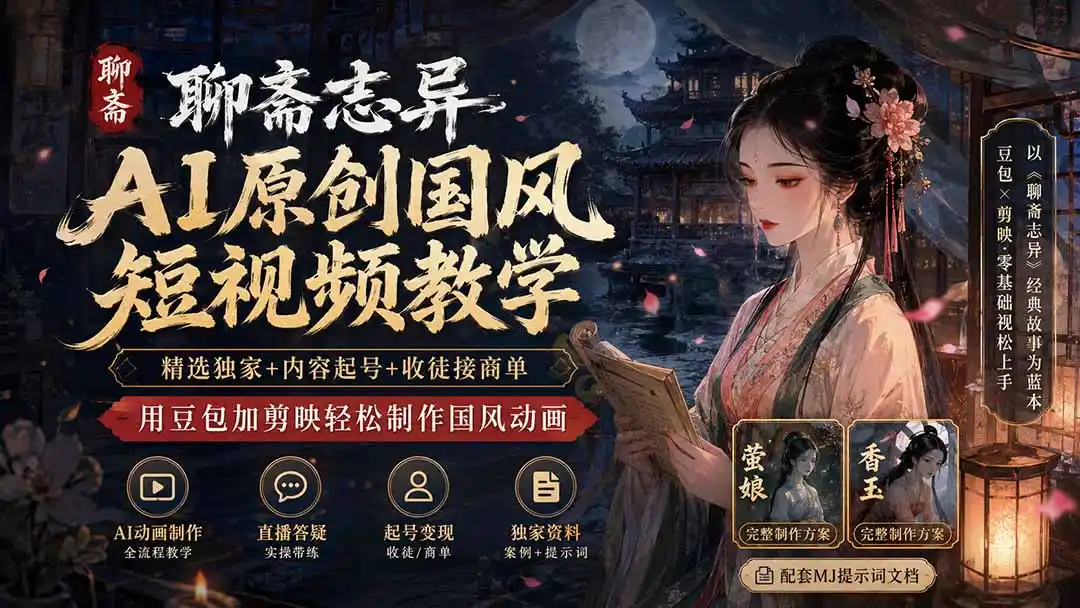 聊斋志异AI原创国风短视频教学；精选独家+内容起号+收徒接商单，用豆包加剪映轻松制作国风动画