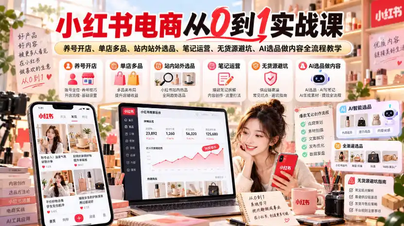 小红书电商从0到1实战课｜养号开店、单店多品、站内站外选品、笔记运营、无货源避坑、AI选品做内容全流程教学