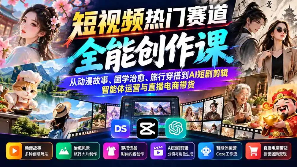 短视频热门赛道全能创作课：从动漫故事、国学治愈、旅行穿搭到AI短剧剪辑、智能体运营与直播电商带货