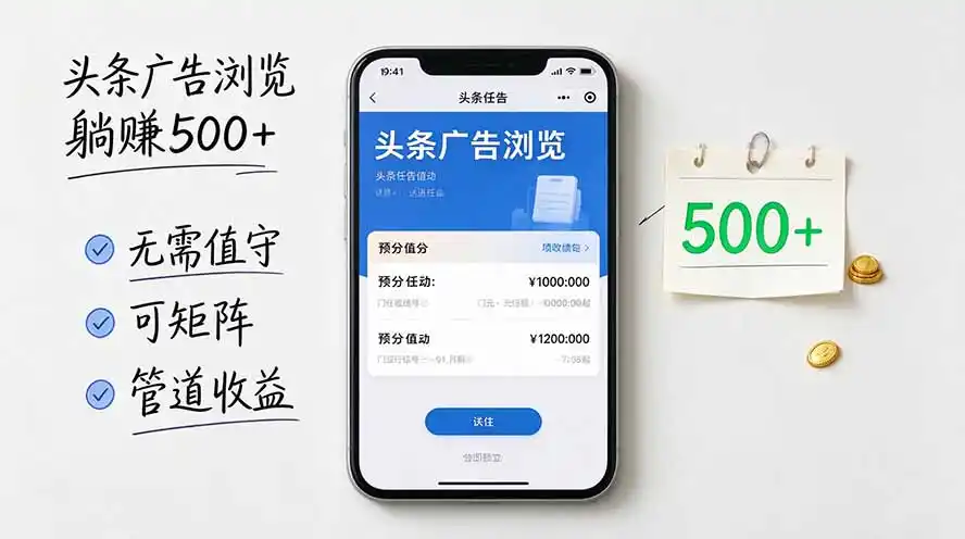 头条广告浏览躺赚500+无需值守，可矩阵并附有管道收益